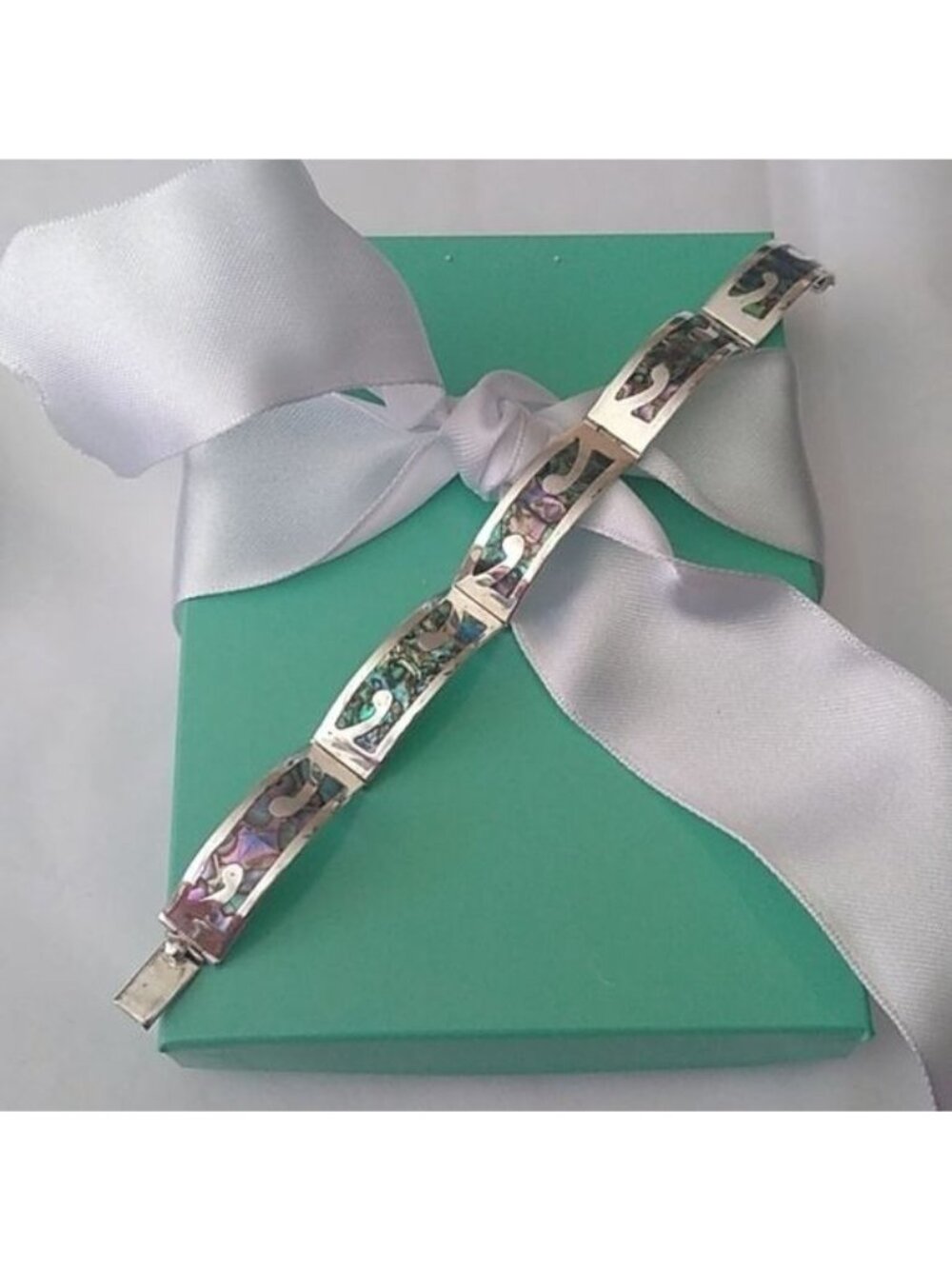 Sterling Silver 5 Panel Hinged Hecho en Mexico Abalone Inlay bracelet, 7"